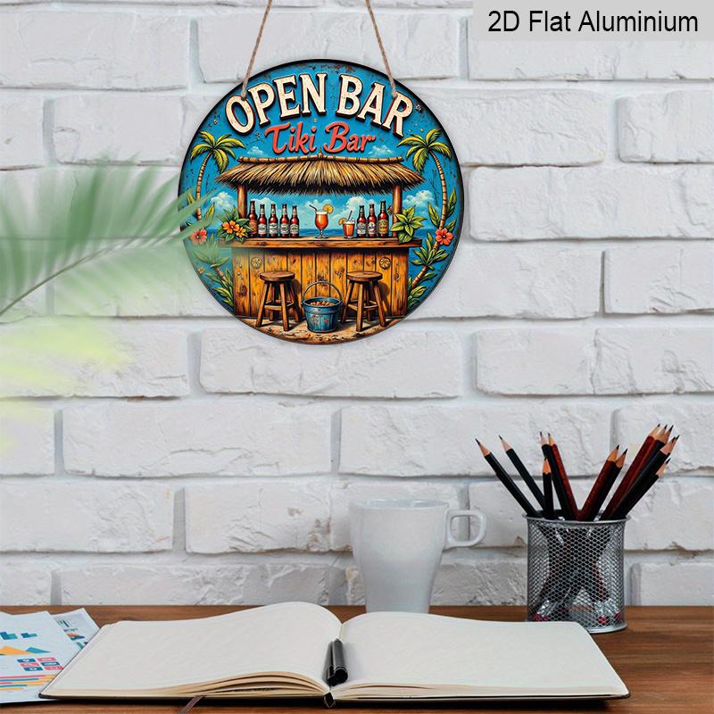 2D Flat - 1pc Vintage Tropical Beach Tiki Bar Metal Aluminum Sign, Aluminum Wall Art with Palm Trees, Cocktails & "Open Bar" Text - Vibrant Coastal