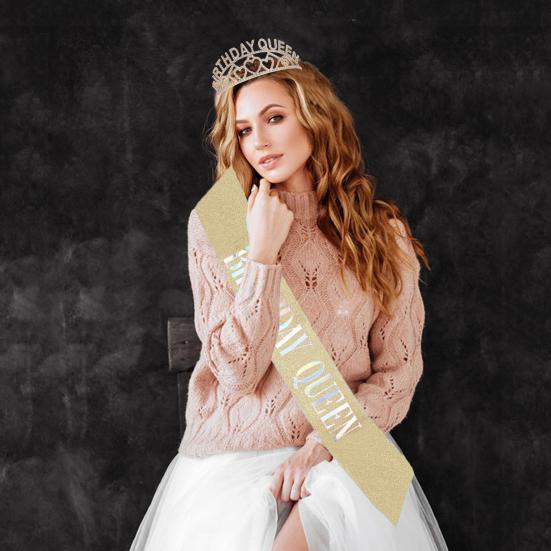 Birthday Queen Tiara Sash Set Rhinestone Cown Comb Happy Birthday Sash Festive Headwear for Women Party Decor