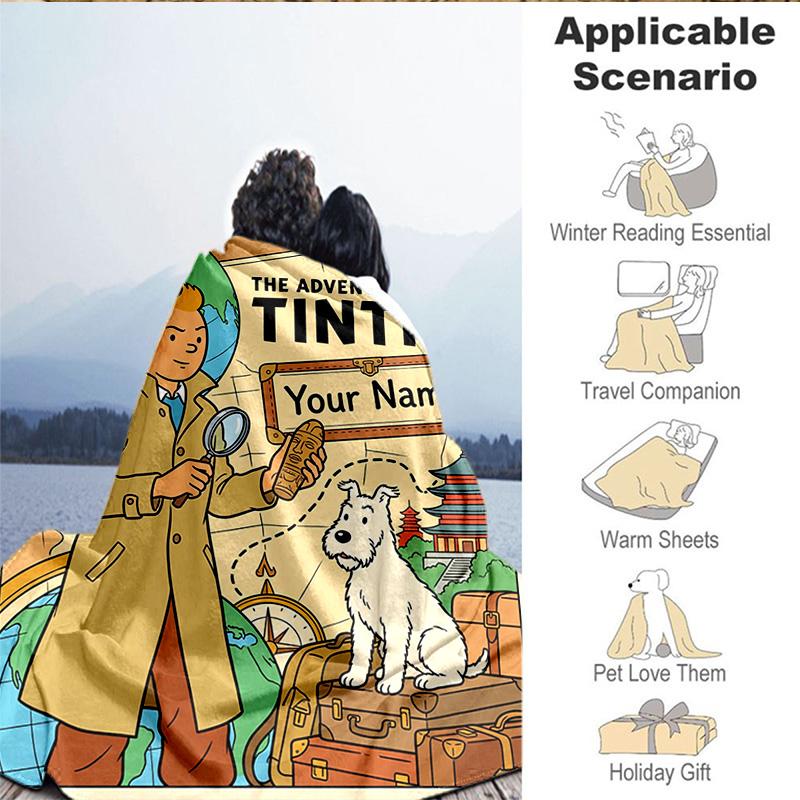 1PC Custom Name Blanket Tintin's Adventure City Flannel blankets Patterns Throw Blanket All-Season Soft Gift for Couch, Bed, Camping, Birthday gifts