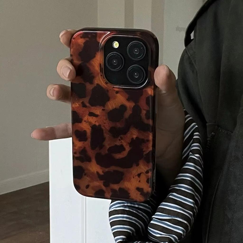 Ретро-чехол для телефона с янтарной текстурой и лазерной обработкой для iPhone 17 16 Pro Max 15 14 13 12 11 XS XR 7 8 Plus 16E Стильный леопардовый принт Мягкий чехол