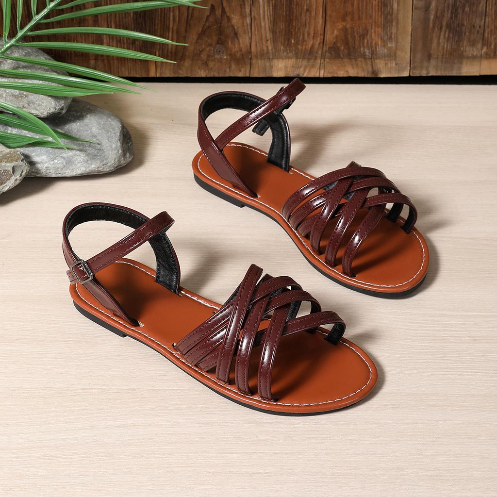 Модные французские сандалии с плоским носком женские 2025 лето новые коричневые ретро черные удобные римские туфли обувь для женщин обувь на платформе