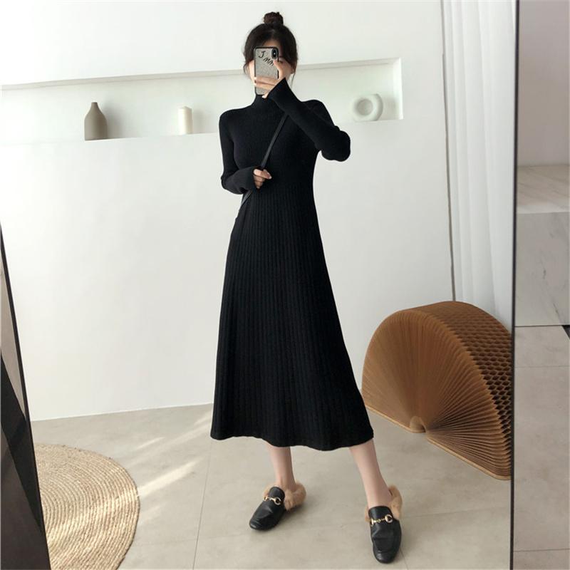 Элегантное теплое женское платье-свитер трапециевидной формы с воротником-полуводолазкой с длинным рукавом и тонкой талией, женские трикотажные платья до середины икры, осенние платья