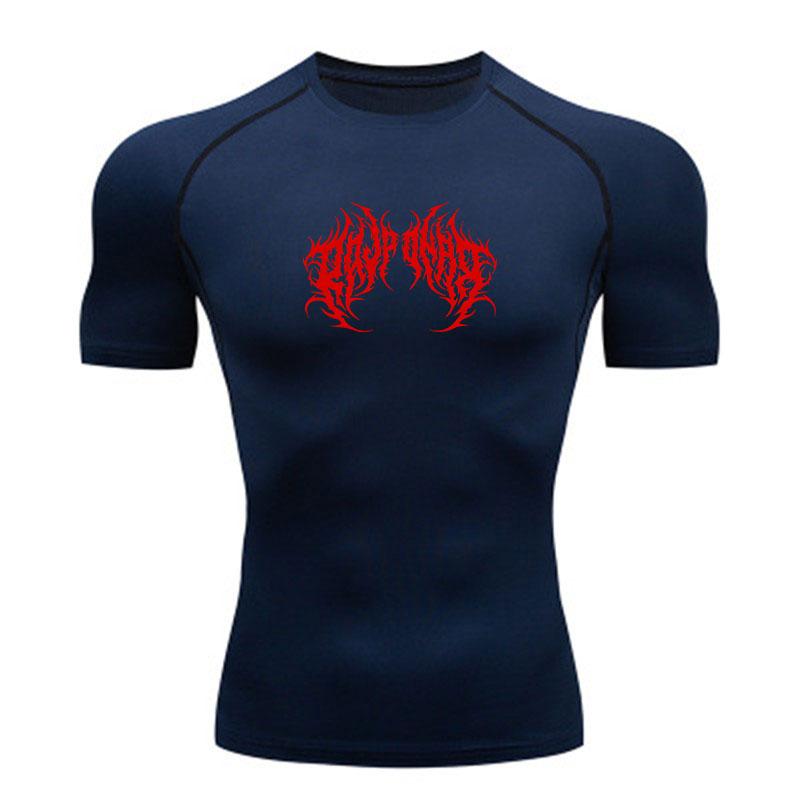 Men's Compression Workout T-shirt, Quick Dry Breathable Athletic Sports Top with Unique Spiky Red Tribal Print for Gym Running Training Active Wear