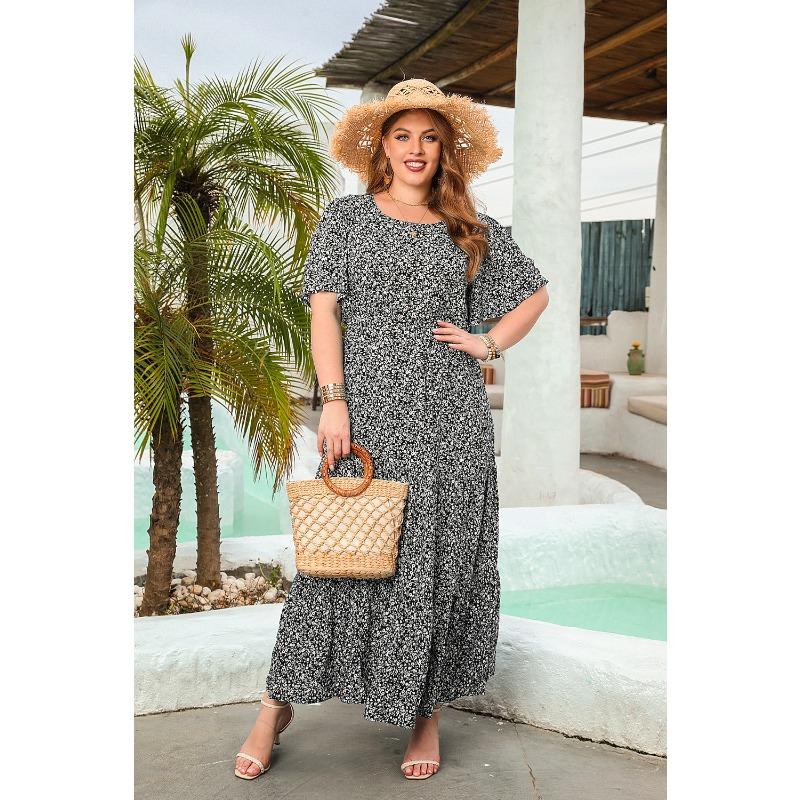 Новое повседневное платье для отпуска с цветочным принтом, круглым вырезом, коротким рукавом, миди-платьями