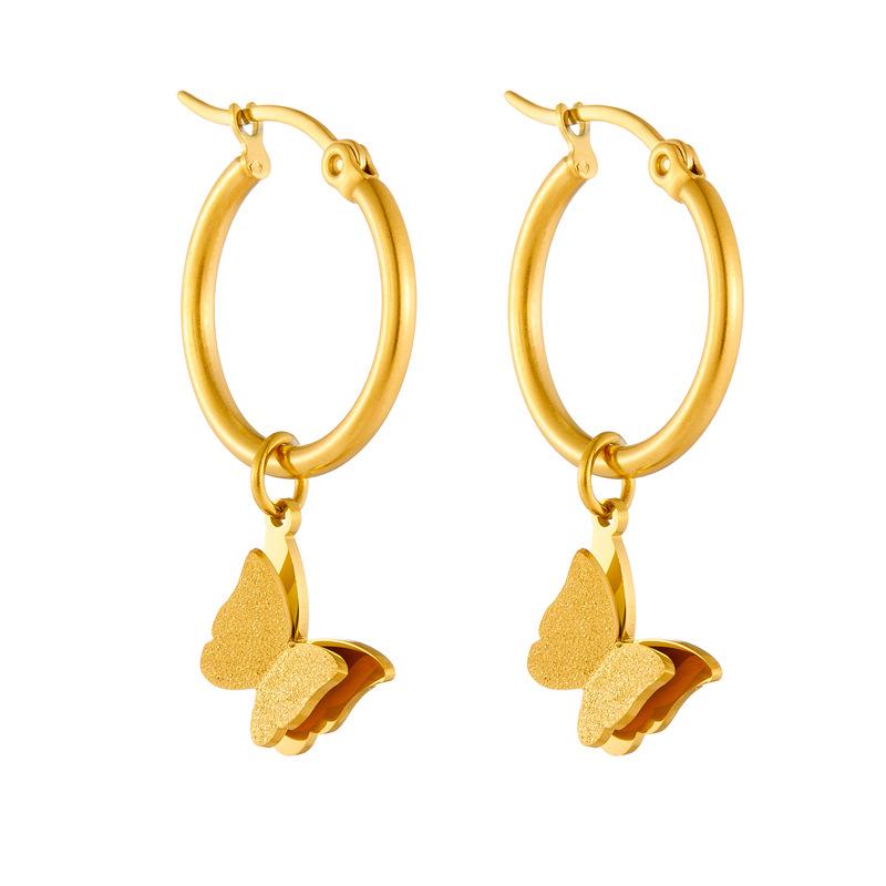Gold Plated Stainless Steel Frosted Butterfly Hoop Earrings for Women