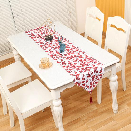 Декор кисточками Длинная дорожка на стол Праздничная атмосфера Рождественский штамп Листья Принт Скатерть Рождественское украшение Домашнее украшение