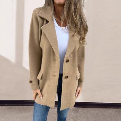 Осень-зима Женская куртка с отложным воротником средней длины, однобортная, однотонная, с ложными карманами, для повседневной носки, пальто