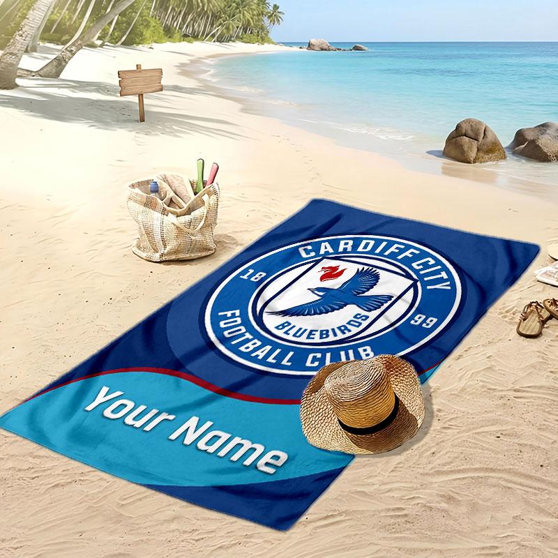 Cardiff City Personalized Printed Beach Towel Soccer Logo Support Custom Name Text Absorbent Towel For Sport Travel Special Gift