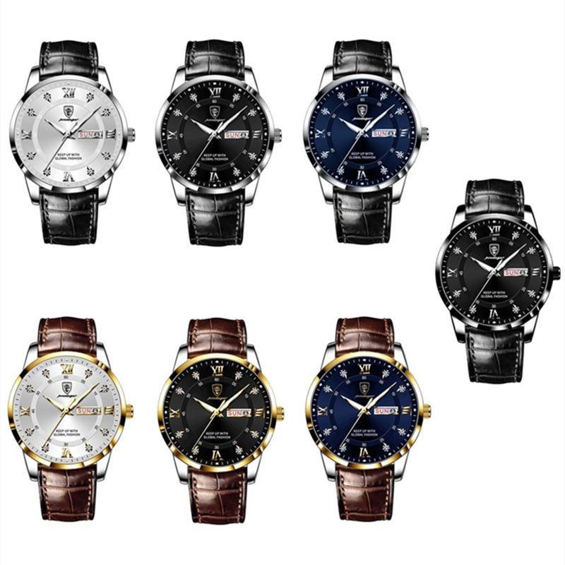 2022 Лучшие новые модные мужские часы, светящиеся водонепроницаемые тонкие часы с двойным календарем, кожаные мужские автоматические часы с бриллиантами