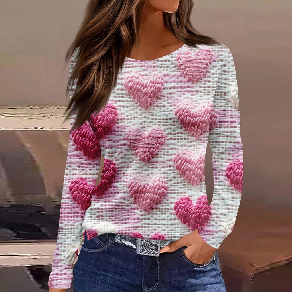 Women's Fashion Valentine's Day Printed Round Neck Casual  Long Sleeve Top