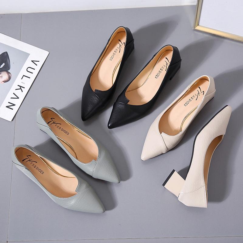 Модные туфли-лодочки Женская обувь на низком толстом каблуке с острым носком Женская обувь на платформе Мягкая кожаная обувь для офиса 2024