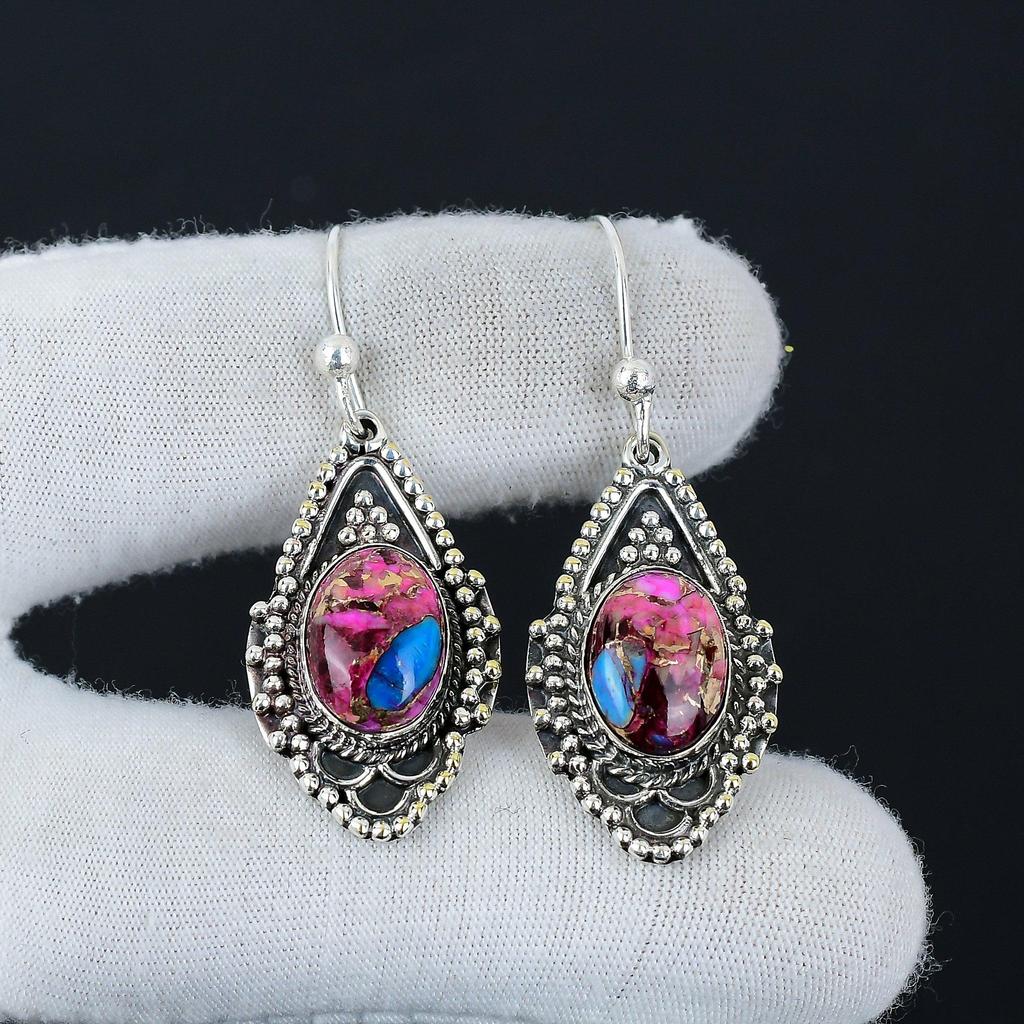 Серьги с натуральными камнями Kingman Spiny Oyster, серьги из стерлингового серебра 925 пробы, серьги-подвески из серебра ручной работы в стиле бохо, пасхальные подарки