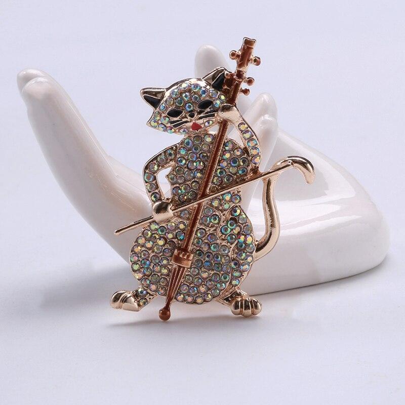 Blucome Cat Playing The Violin Shape Brooches for Women Girls Simulated Zircons Gold Color Jewelry Pins