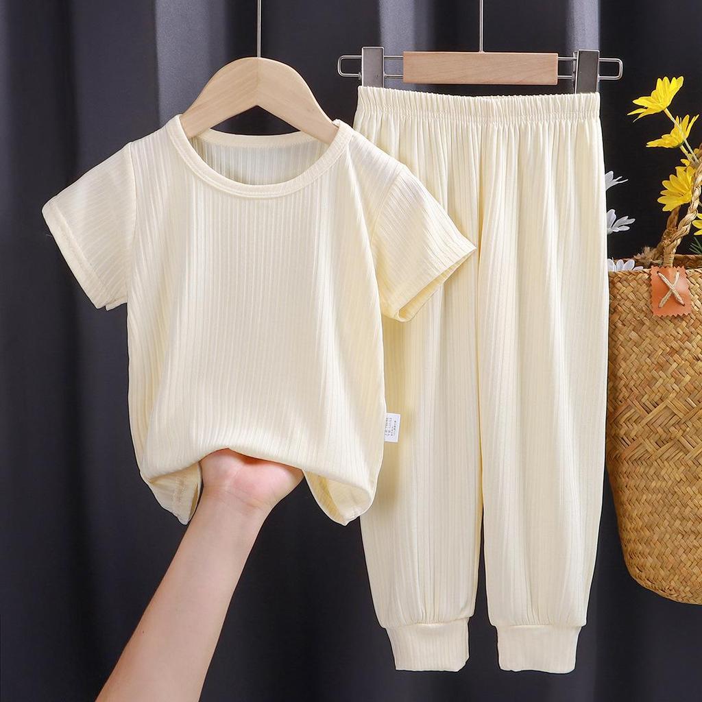 Летний детский пижамный комплект в корейском стиле, повседневный, однотонный, для мальчиков и девочек