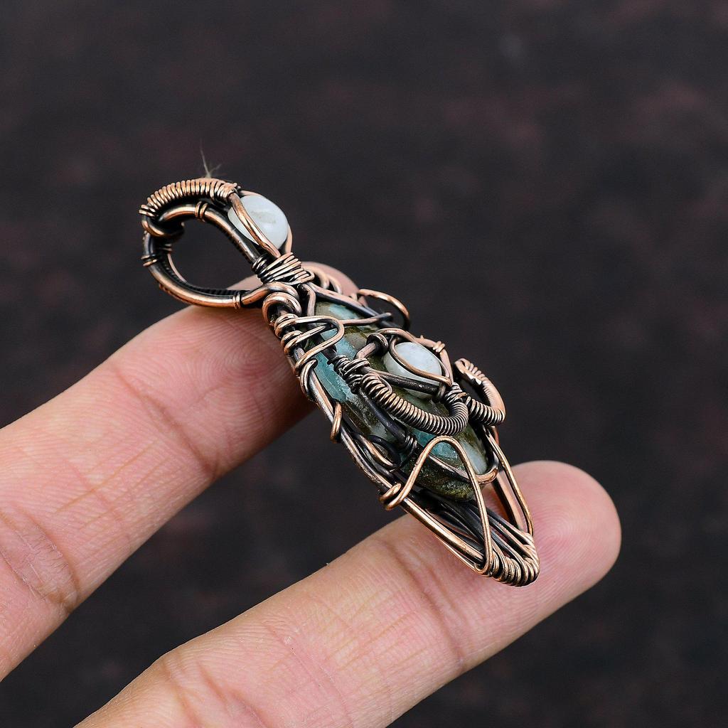 Медный кулон с амазонитом от сглаза, медная проволока, кулон с драгоценным камнем, изысканные ювелирные изделия ручной работы, подвеска с радужным лунным камнем, ювелирные изделия из медной проволоки