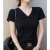 Front Shoulder V-neck Kink Design T-shirt for Women In Women's Summer New Pure Style Short-sleeved Bottoming Shirt Top for Women