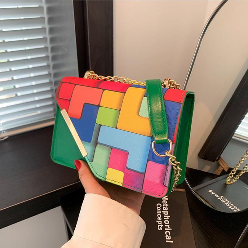 Женская маленькая квадратная сумка-слинг на плечо с клапаном из искусственной кожи, летняя, контрастного цвета, универсальная, с цепочкой, кроссбоди KTY