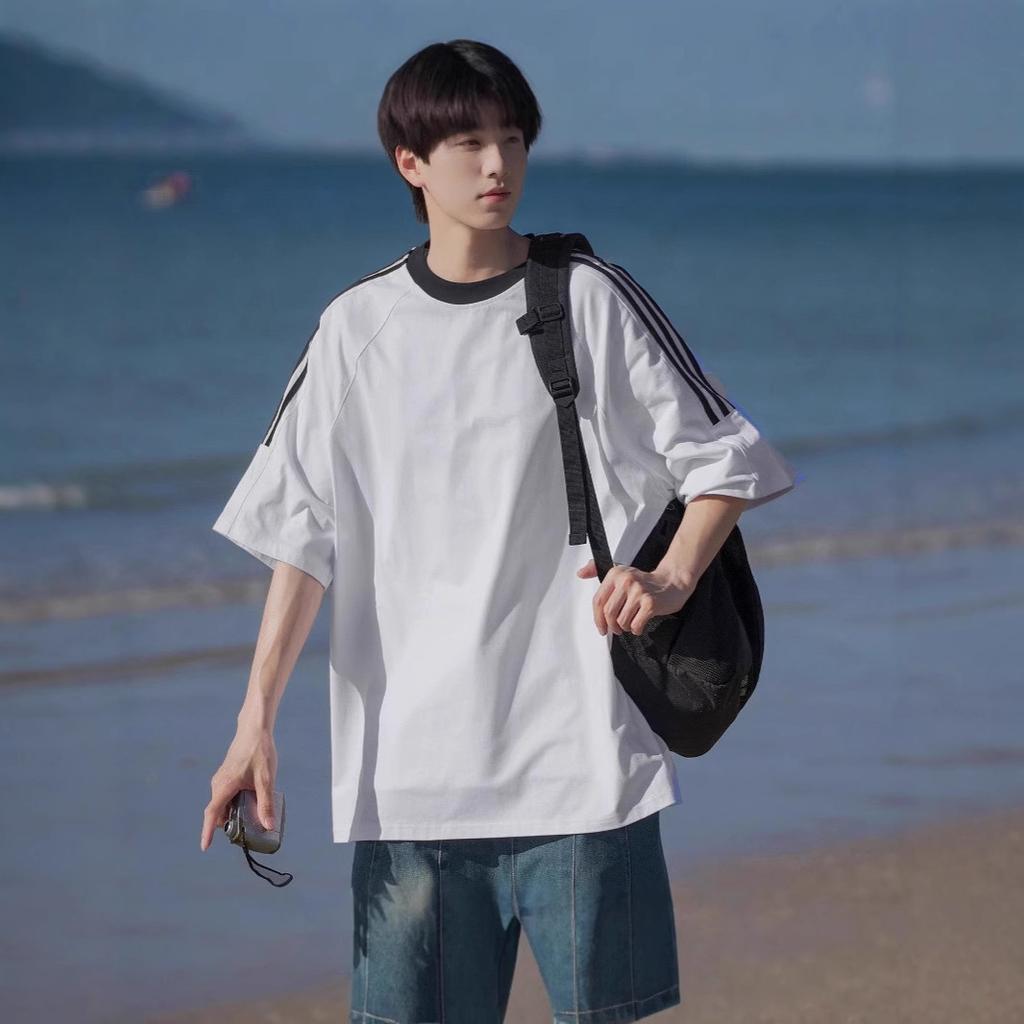 Мужская летняя новая универсальная футболка с тяжелыми тремя полосками и коротким рукавом для мужского американского свободного мужского топа