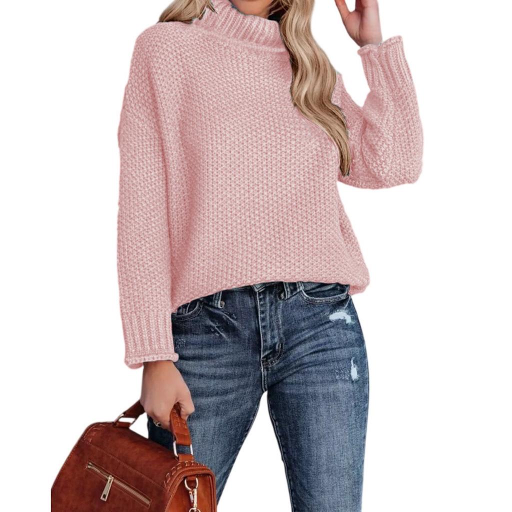 Модный женский вязаный свитер с высоким воротником, длинными рукавами и подвернутым краем