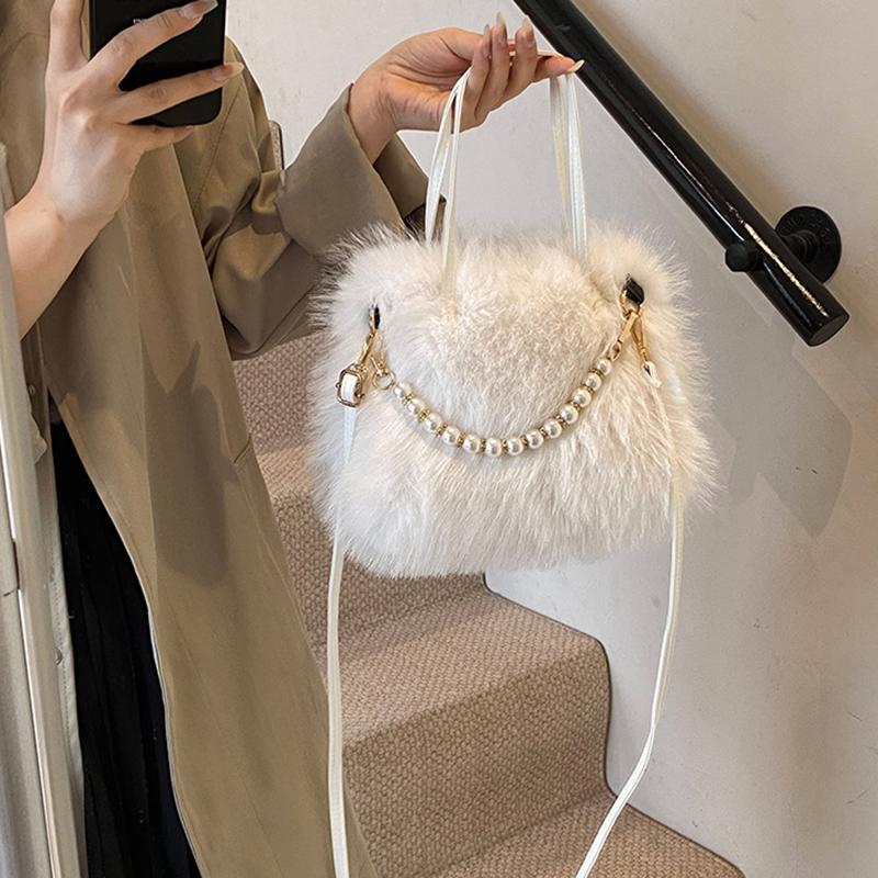 Hairy Handbag Pearl Chain Plush Small Square Bag For Women Fashion Elegant Shoulder Crossbody Bag Autumn Winter Versatile Totes