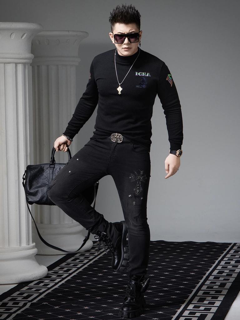 European-Style Spring and Autumn Half-Turtleneck Sweater for Men, 2026 New Trendy Brand Bear Print Men's Pullover Long-Sleeve Knitwear