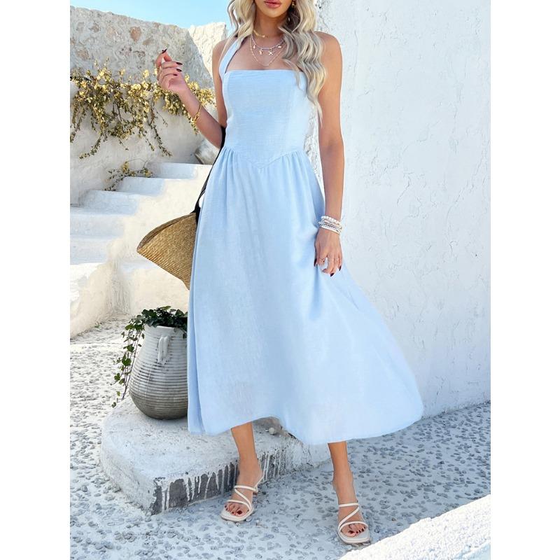 Women Vacation Style Solid Color High Waist Sleeveless Hanging Neck Long Dresses