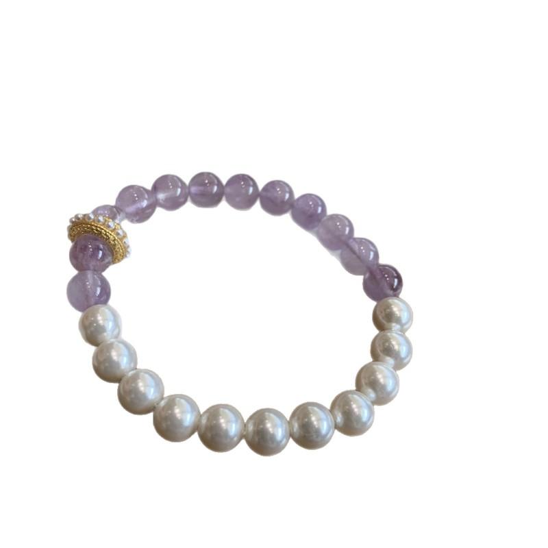 Natural Crystal Bracelet With Amethyst Citrine Beads Minimalist Double-Color Design Handmade Adjustable Ring Slider