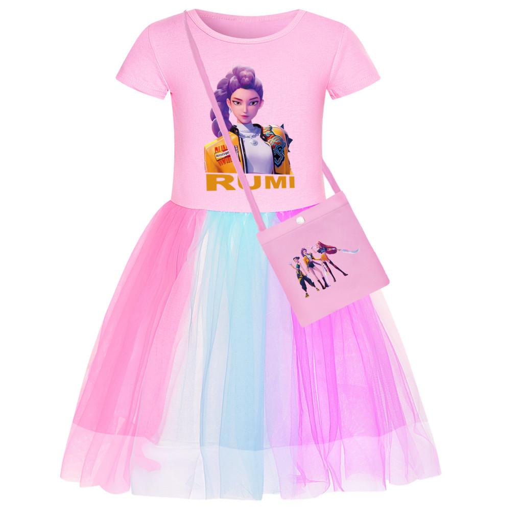 Kids Girls Anime Cartoon POP Singer Super Star Rumi Zoey Mira Print Mesh Rainbow Round Neck Casual Cotton Dress
