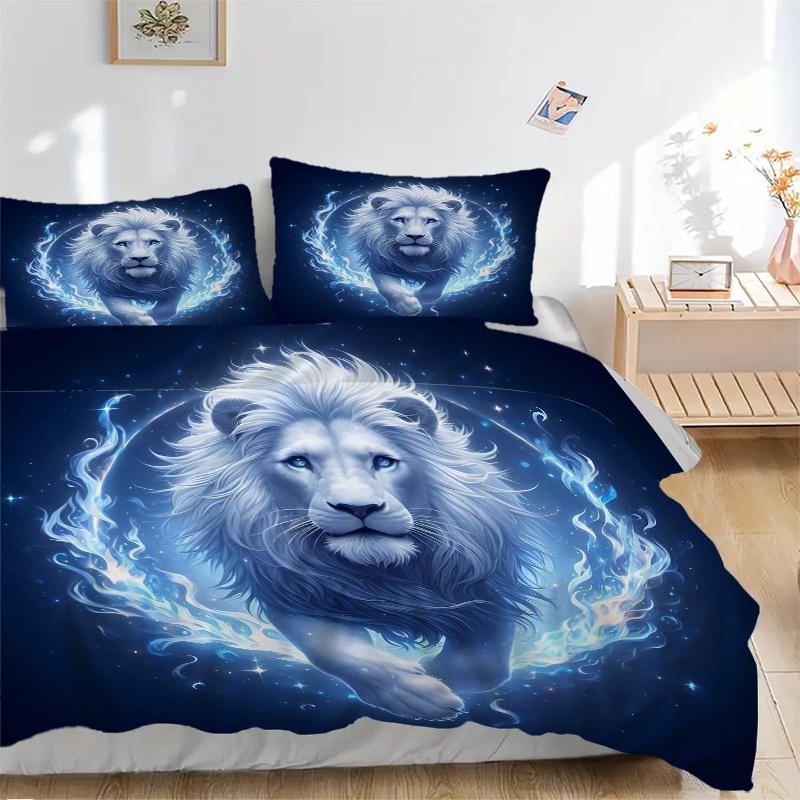 3pcs Blue Flame Majesty Lion Bedding Set - 1 Soft Quilt Cover + 2 Pillowcases, Machine Washable - Suitable for All Seasons, Perfect Gift for Fami