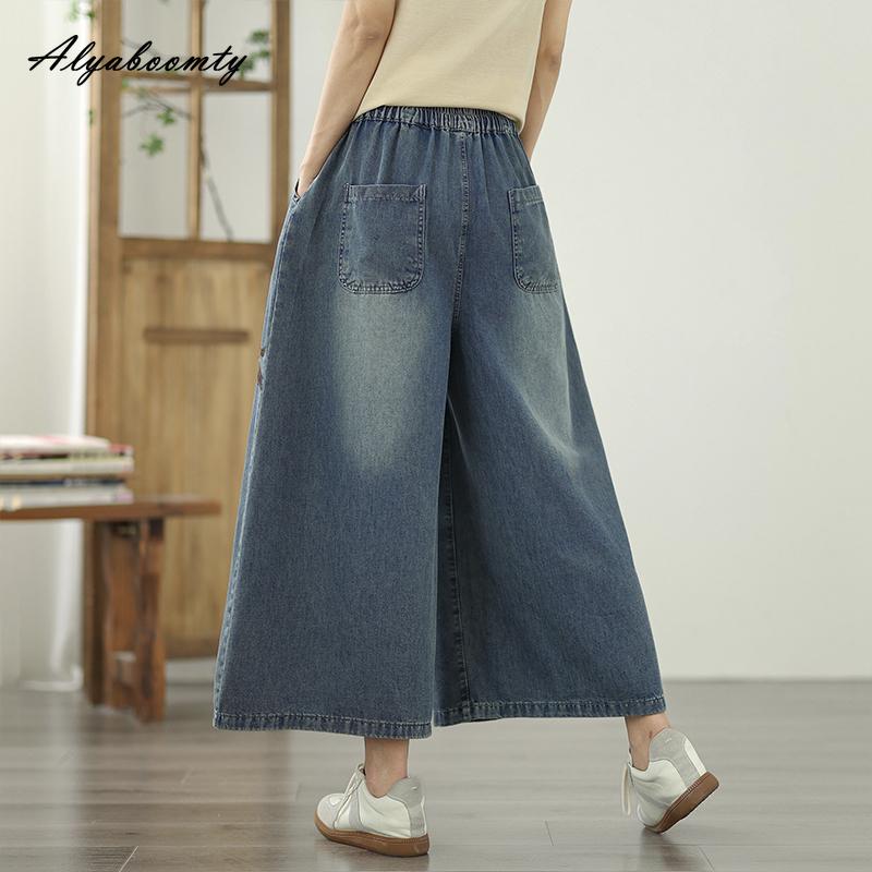 Большие размеры весна-лето женские синие широкие джинсы с высокой талией на шнурке с цветочной вышивкой повседневные свободные джинсовые капри винтажные мешковатые женские джинсы