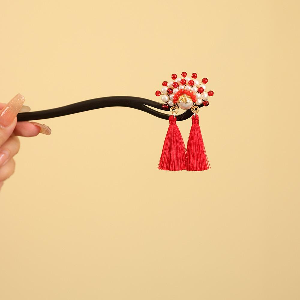 Red New Chinese Style Hair Clip Tassel Hanfu Hairpin Temperament Wooden Hair Stick  Bridal