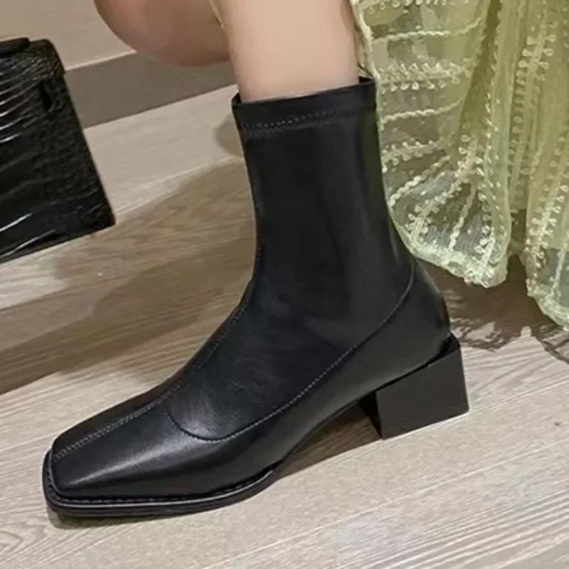 Fashion 2024 High Quality Ladies Shoes Zipper Women's Boots Winter Square Toe Solid Short Barrel Chunky Heels Fashion Mid Calf Boots