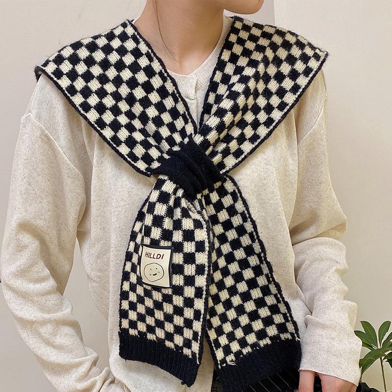 Korean Style Wool Knitted Warm Shawl Winter Blouse Shoulder Fake Collar Cloak Knitted Scarf Houndstooth Neck Scarf