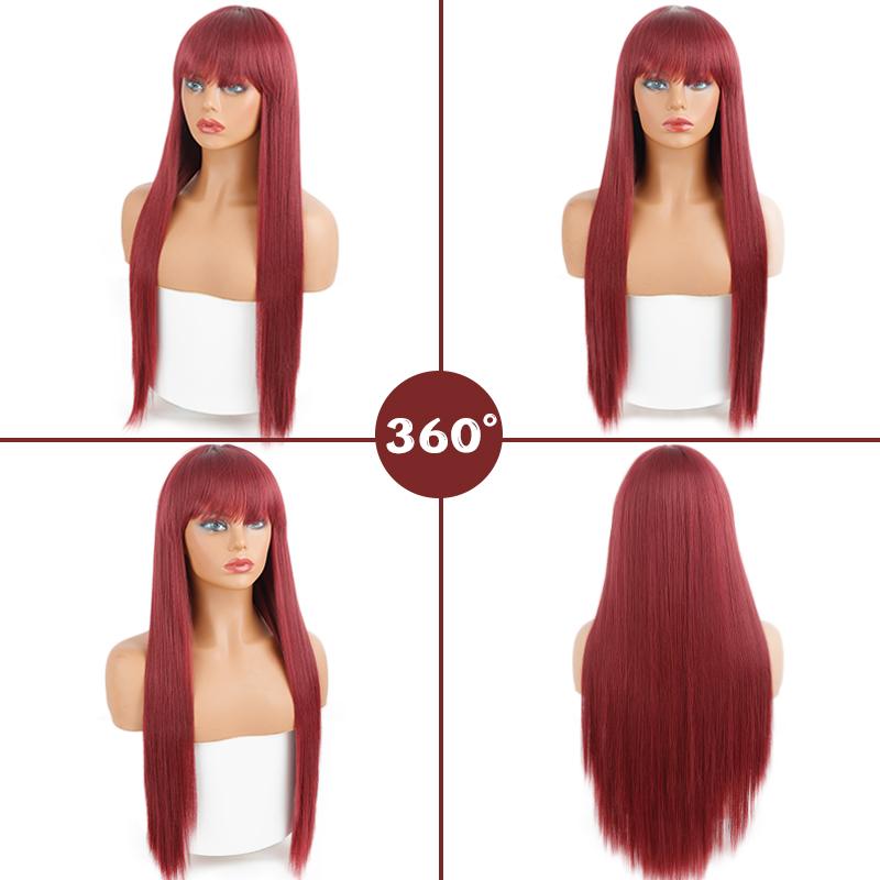 XINRAN Long Straight Wine Red Wig With Bang Synthetic Wigs for Women Heat Resistant Natural Hair for Daily Halloween Cosplay Party