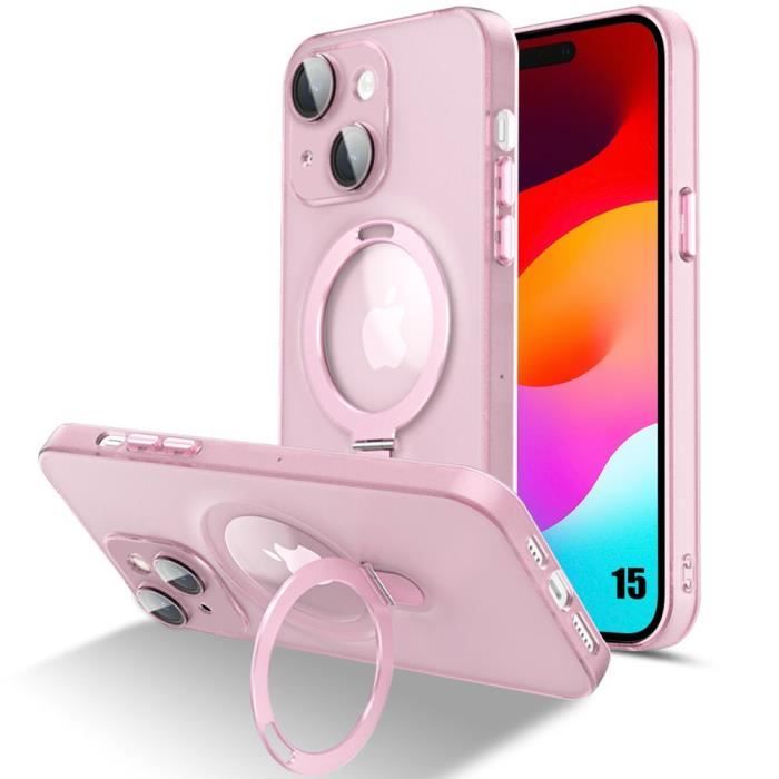 Coque pour iPhone 15, Antichoc Rigide avec Support Anneau Magnétique Réglable et Protection Caméra - Translucide Rose
