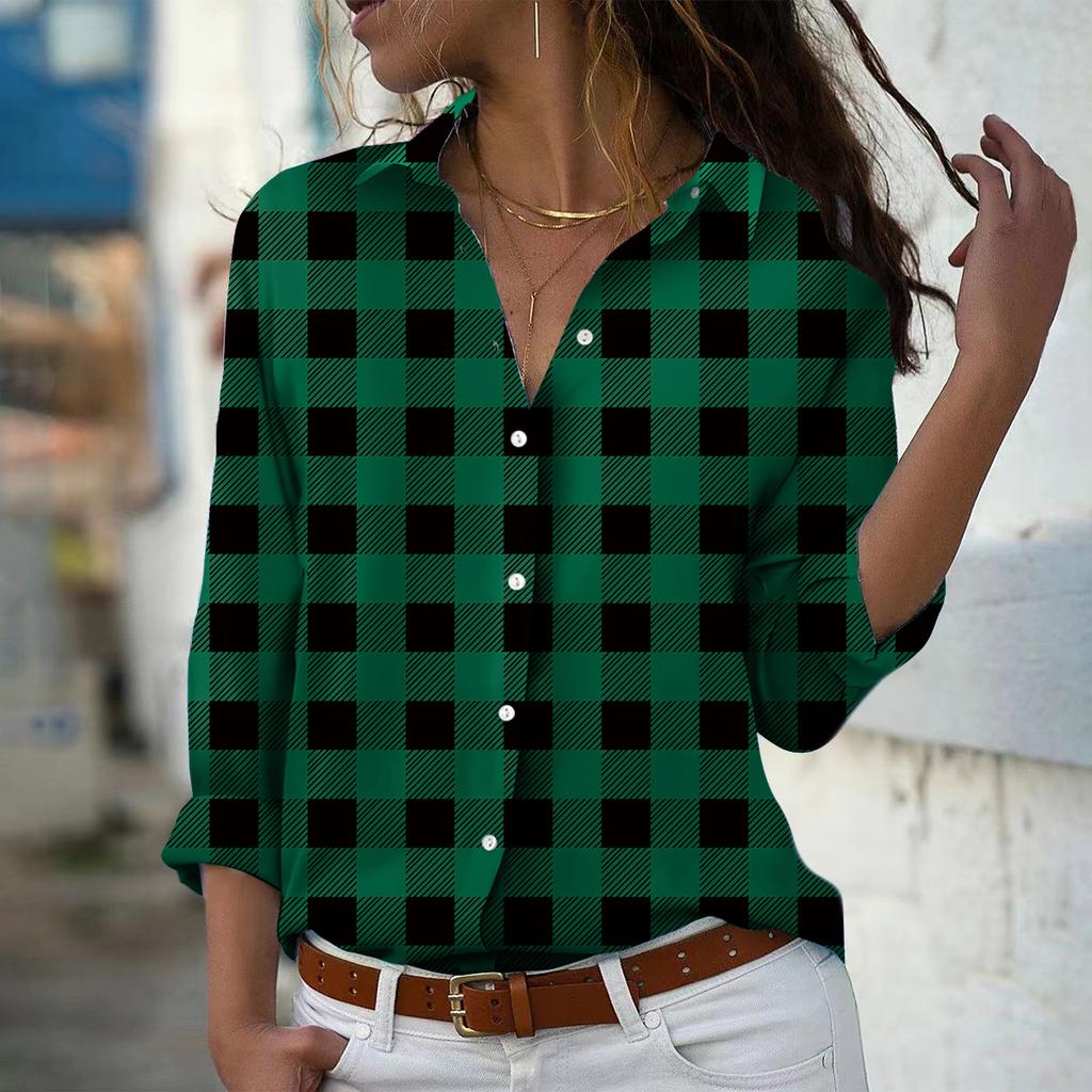 Mixed Color Grid Print Women Blouse Spring Autumn Femme Office Lady Button Up Turn Down Collar Shirts