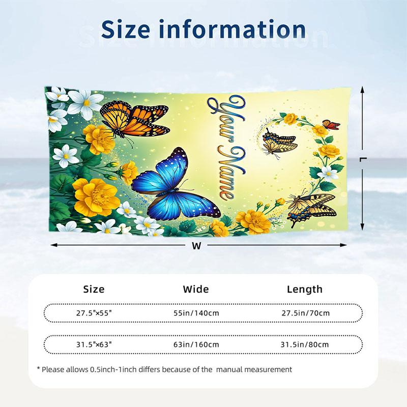 Butterfly Theme Beach Towel Personalized Custom Name & Text Soft Quick Dry Beach Towel for Swimming Travel