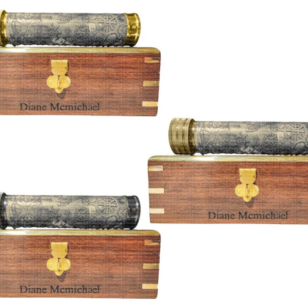 Custom Multicolor Brass Kaleidoscope with Leather and Wood Box Personalized Gift for Dads Men Women, Kids Birthdays, Christmas Decor (Gray)