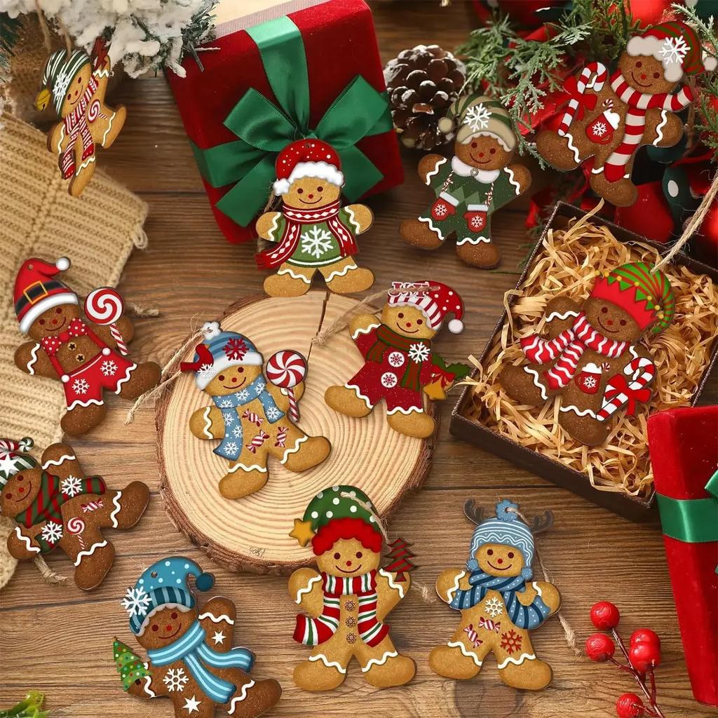 12/24pcs Gingerbread Man Ornaments Christmas Tree Wooden Hanging Decorations Pendants Cute Cartoon Xmas DIY Hangings Home Decor
