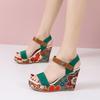 Large Size Wedge Heel High Heel Sandals Women's New Simple Ethnic Style Embroidery One-word Buckle Open-toe Thick-soled Thick Heel