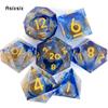 7 Pcs Blue Flowing Sand Golden Number Sharp Edge Resin Dice Polyhedral Dice Suitable for Role-Playing RPG Board Game