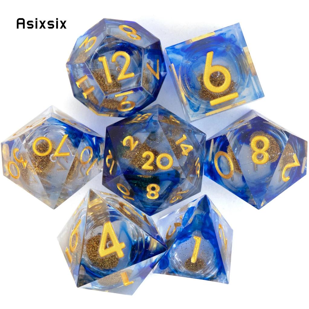 7 Pcs Blue Flowing Sand Golden Number Sharp Edge Resin Dice Polyhedral Dice Suitable for Role-Playing RPG Board Game