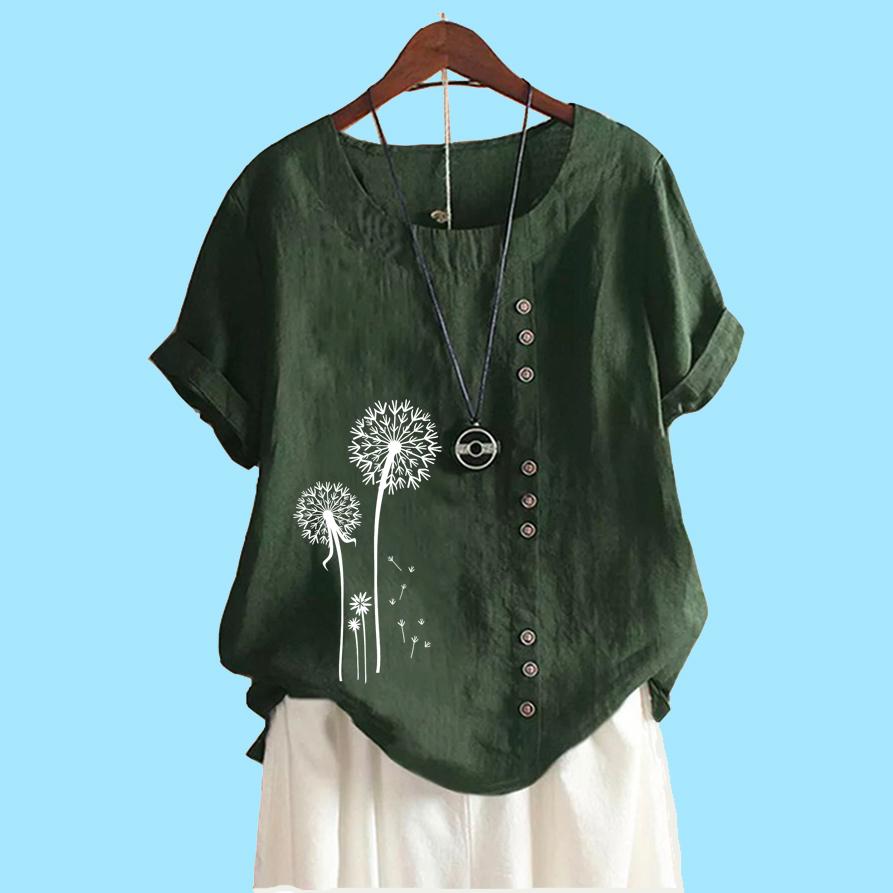 Women Fashion Cotton Linen Top Blouse Summer&fall Short Sleeve T-shirt Laides Casual Floral Print Loose Blouse