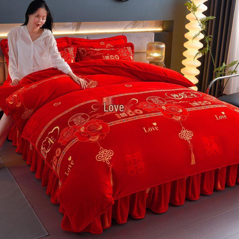 G5Z9 Jin Double-Sided Thickened Velvet Four-Piece Bedding Set for Weddings