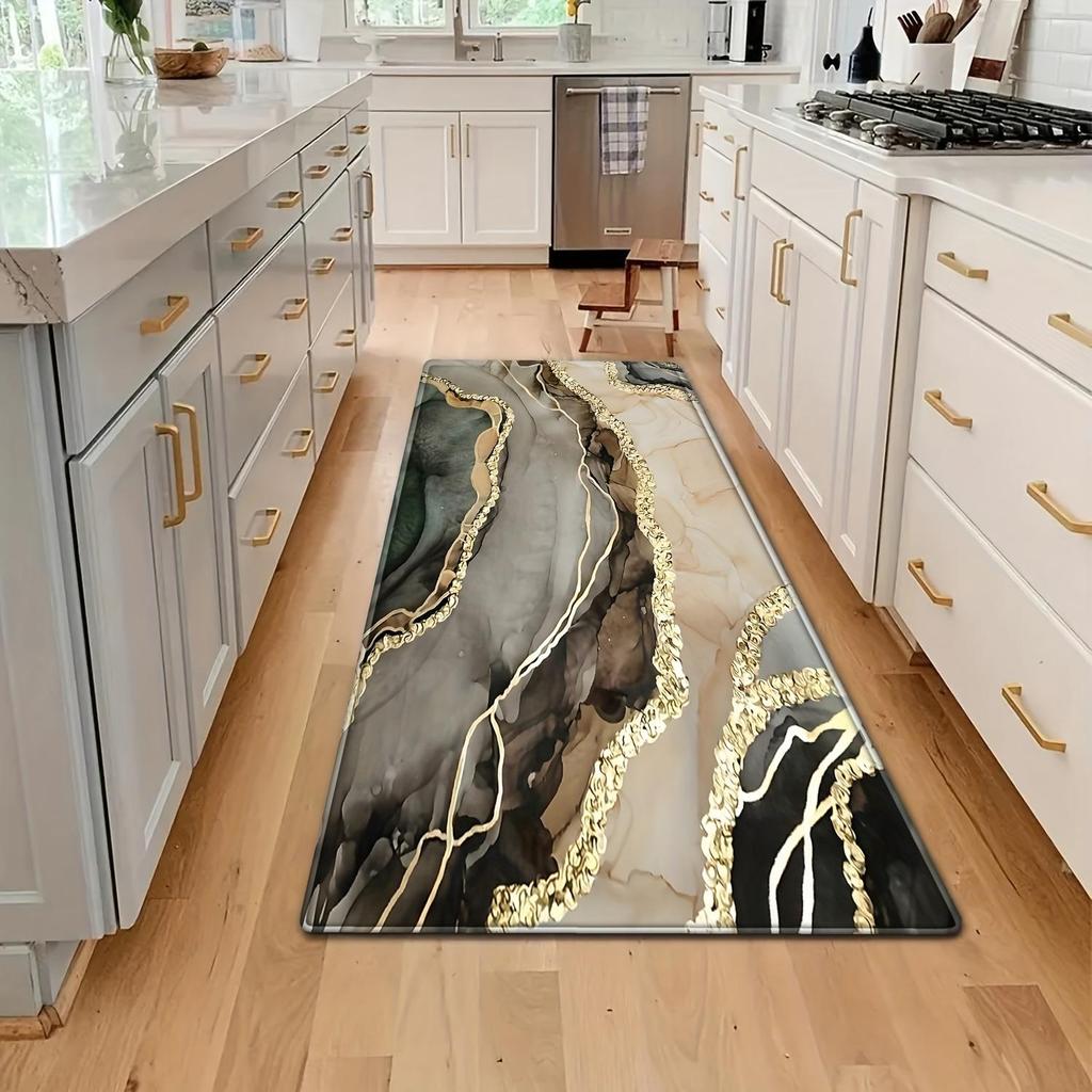 Luxury Golden Striped Marble Kitchen Mat Soft Thickened Kitchen Floor Mat Waterproof Non-slip Oil-proof Floor Mat Runner Rug