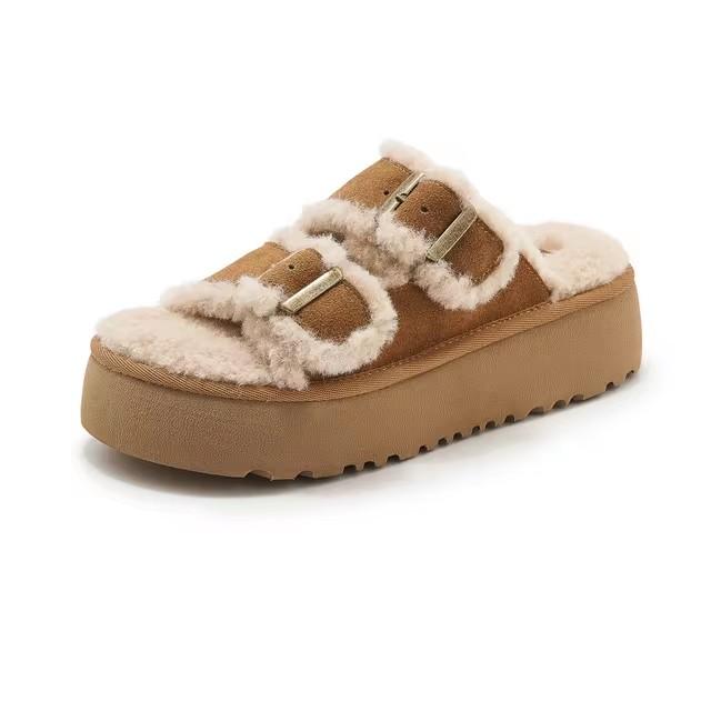 Woman Apricot Faux Wool Thick Heel Flat Shoes 2024 Autumn Round Head Flatform Slippers Lady Winter Indoor Open Toe Slingback