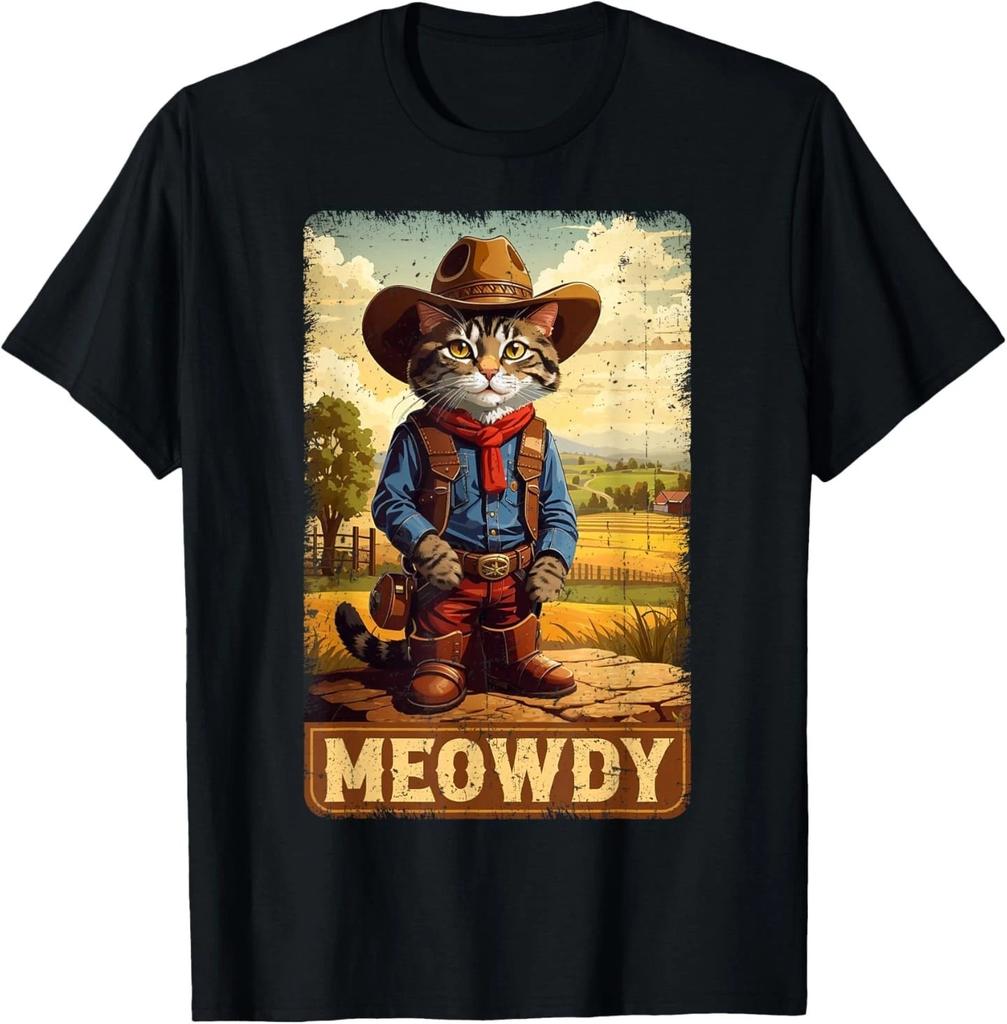 Meowdy Funny Country Side Cat Hat Vintage Cowboy Cat T- Shirt