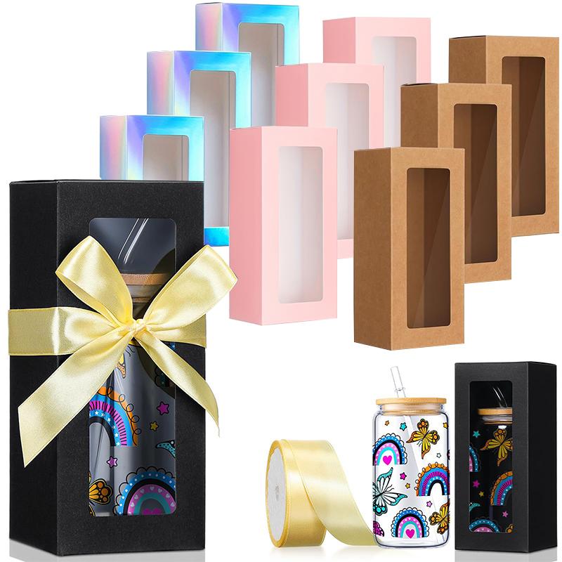 5 шт. Упаковочная коробка для вечеринки, праздничные подарки, прозрачная витринная коробка, белая подарочная коробка для тамблера, черная с лентой