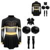 4Pcs Girls Cheer Leader Costume Long Sleeve Diamonds Dance Jumpsuit with Cheerleading Hand Flower Bowknot Hair Ties and Striped Knee High Tube Socks