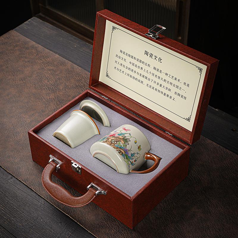Ru kiln office cup mug for teacher tea separation tea cup ceramic teacup with lid gift box business gift